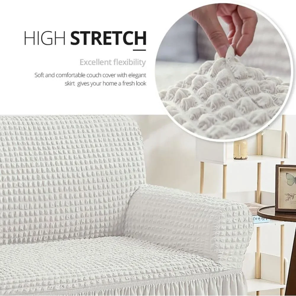 Fitted Sofa Cover Stretch Furniture Protector (1 pc, 2 Seater Loveseat, Ivory)